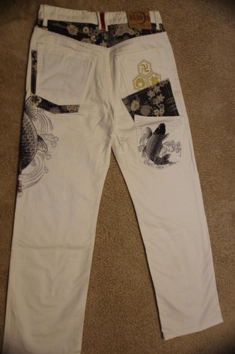 Karakuri Tamashii Men's Denim Jeans Pants Carp Koi Embroidered White Size 32 - Picture 2 of 6