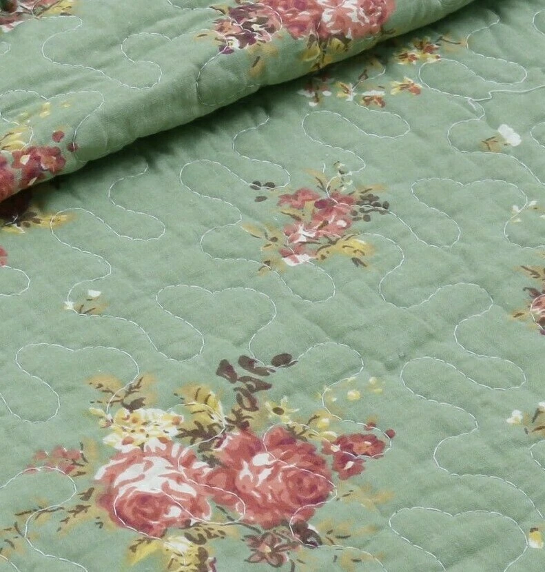 Tiro acolchado reversible de algodón estampado floral flor verde vintage Foto 3 de 3