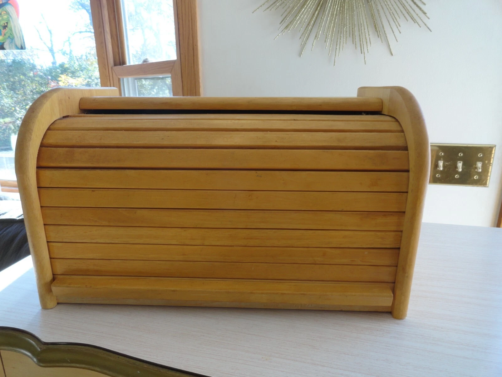 Vintage Natural Oak Roll Top Tambour Door Bread Box 16"x9"x9"