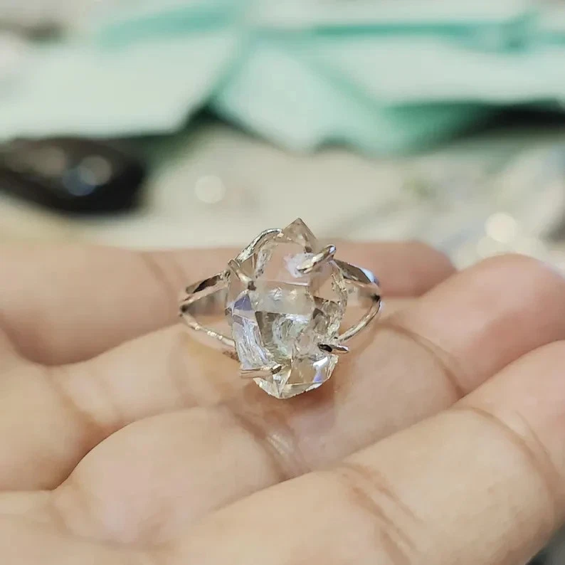 Anillo Herkimer Diamante Plata de Ley 925 Banda y Distintivo Hecho a Mano Todos los Tamaños Foto 3 de 4