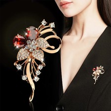 Red Crystal Flower Brooch Pin Rhinestone Floral Lapel Pin Women Wedding Party G