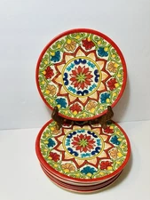 4 Better Homes Salad Plates 8 1/2” Red Damask Melamine Colorful Set Of 4 EUC