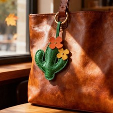 Leather Green Cactus Orange Flower Bag Charm Keychain Backpack Accessory Stuffed