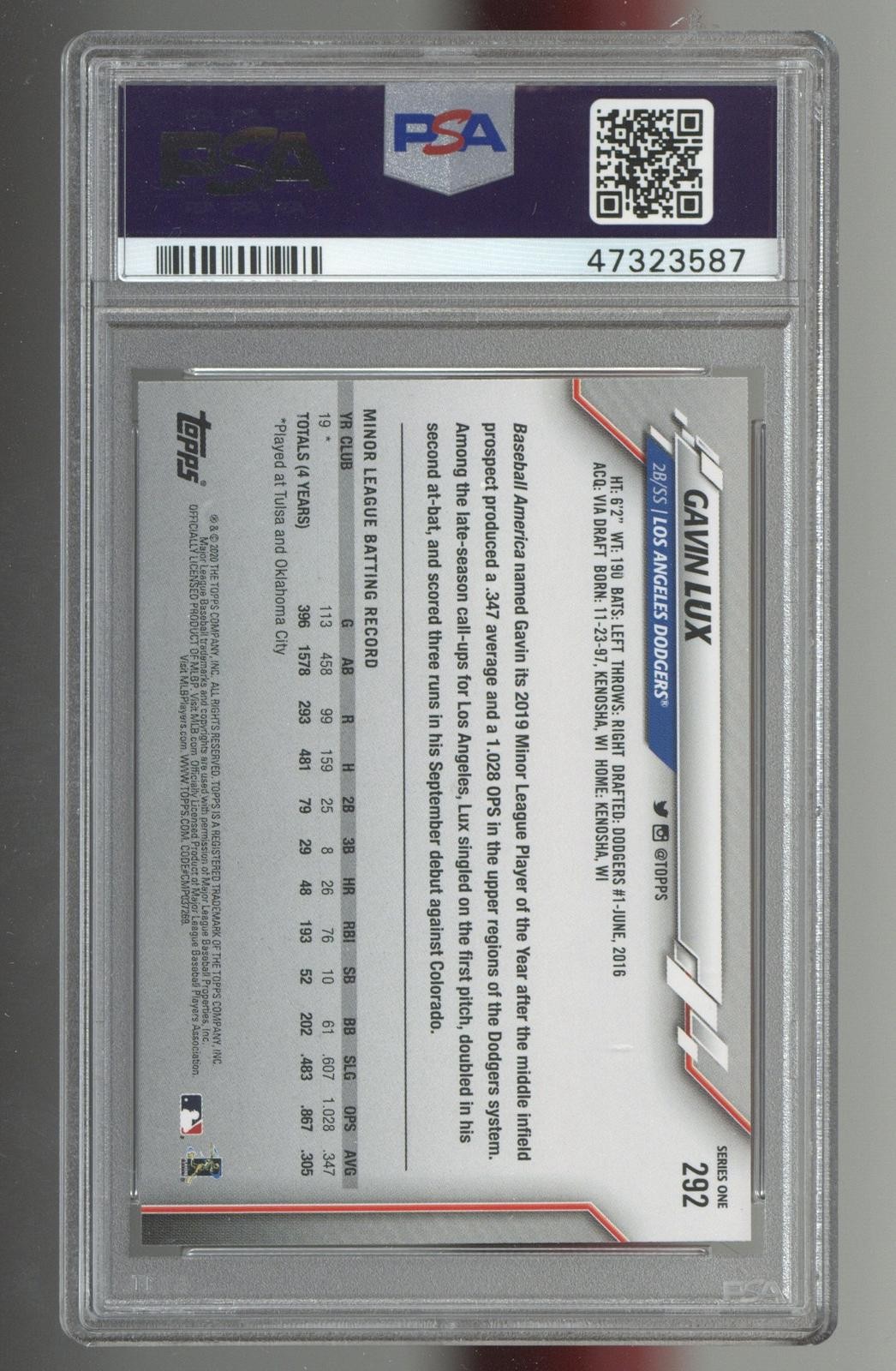 2020 Topps #292 Gavin Lux PSA 10 ROOKIE RC view 2