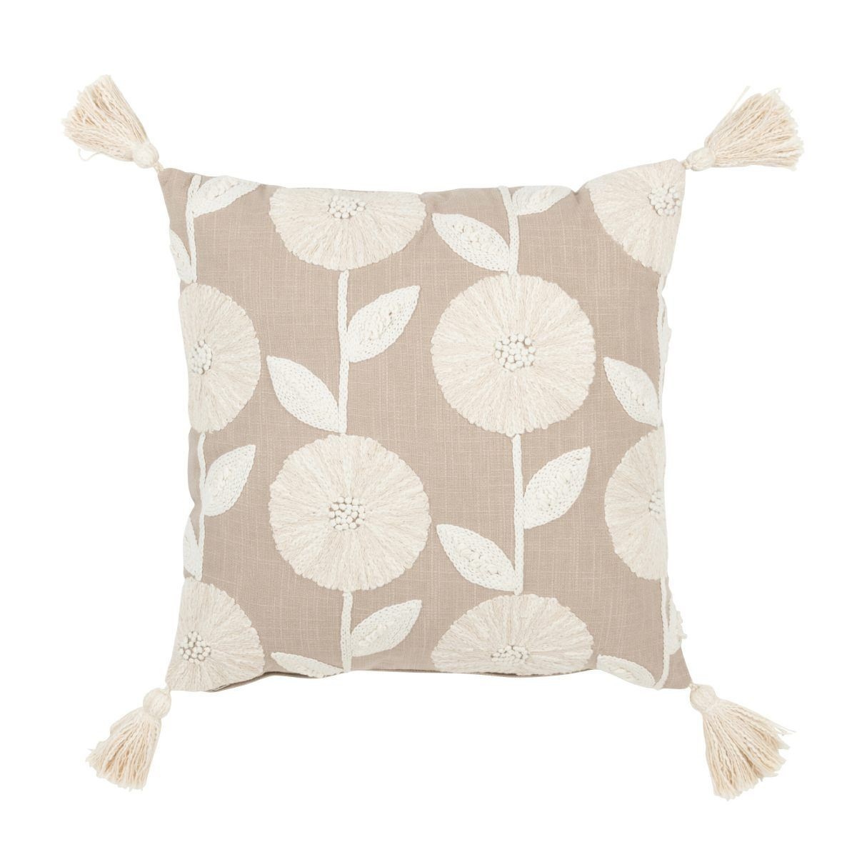 Coussin de décoration brodé fleurs 45x45 cm beige pour salon et chambre