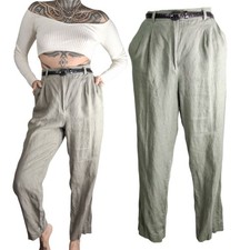 Vintage 80s High Waist Pants Womens 26 Linen Blend Olive Army Green Preppy