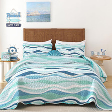 Coastal Quilt Queen Size, 3 Pcs Seawaves Beach Theme Bedspread Bedding  Ocean G