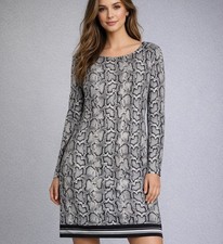 Michael Kors Women s L Gray Snakeskin Print Shift Dress Contrast Striped Hem Lg.