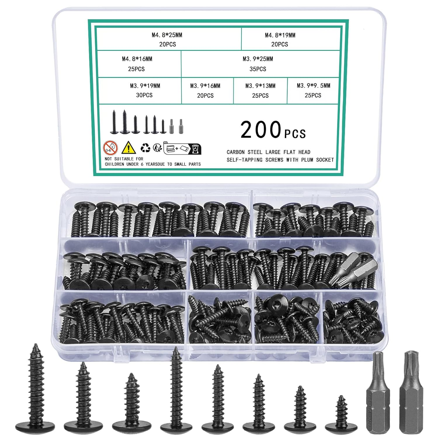 200 Pcs M4.8 M3.9 Self Tapping Screws for Wood, Torx Flat Pan Head Self Drilling