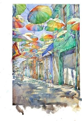 Colombia-  Calle De La  Sombrillas watercolor(limited edition) signed 