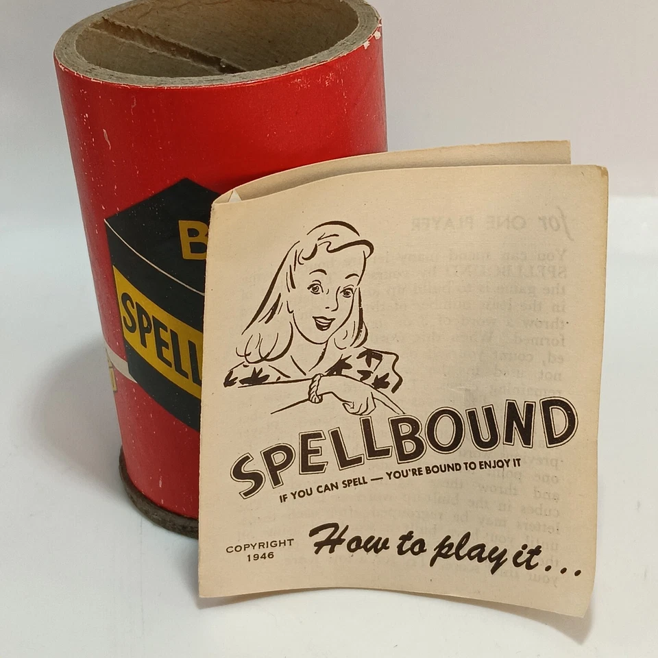 SPELLBOUND Dice Game Shaker Cup 8 Wood Letter Dice Instructions 1940s Vintage - Image 4 of 4