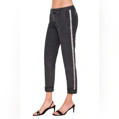 Sundry Stripe Roll-Up Chino Trousers Black Glitter Star Lining Size 27 NWT