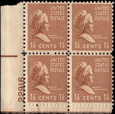 US Scott # 805, Martha Washington, Plate Block of (4) 1938 1 1/2¢ Stamps, MNH