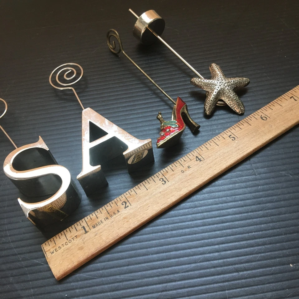 4 Vintage Stainless Note Clips Silver "S" , "A", Starfish & Red Enamel High Heel Foto 4 de 4