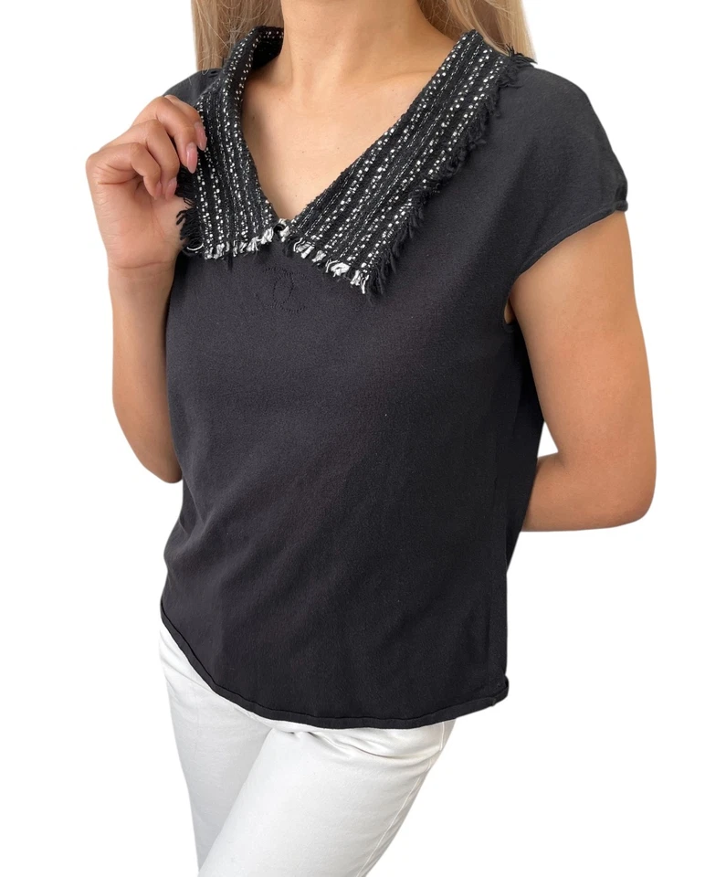 Pullover CHANEL Vintage 05P CC Logo Tejido #44 Negro Manga Corta Tweed Foto 2 de 4