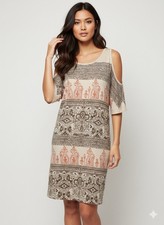 GUESS by Marciano Beige Black Red Geometric Cold Shoulder Shift Dress Size S