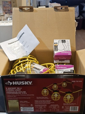 #ad Husky 50 ft. 5 Socket String Caged Work Lights With Bulbs $40.99