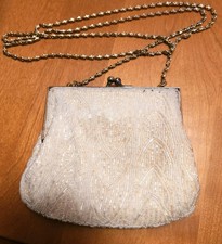 Vintage Beaded Ivory Cream Small Purse Evening Formal Clutch Crossbody Purse B78