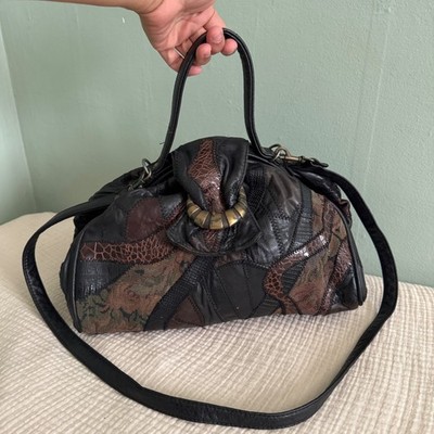Vintage Patchwork Leather Satchel Bag Black Brown Boho Mixed Media Crossbody