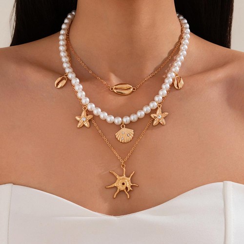 Beach Style Starfish Pendant Necklace Alloy Beads Shell Necklace for Women