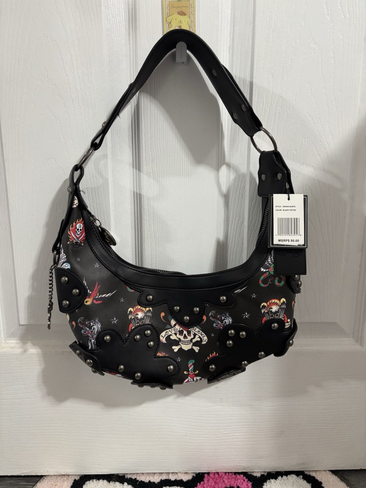 Ed Hardy Black Tattoo Print Studded Hobo Shoulder Bag Y2K Punk Goth Purse NWT