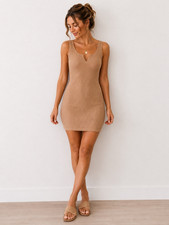 American Eagle Outfitters Women’s Beige Solid V-Neck Sleeveless Bodycon Dress M
