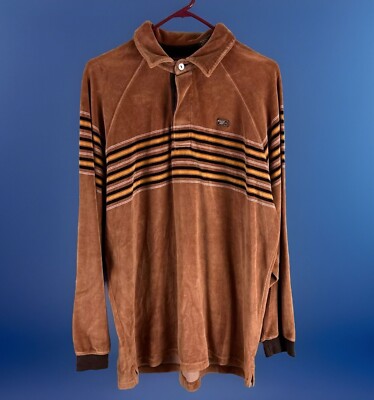 Mecca Y2K Velvet Velour Striped Brown Rugby Pullover Collared Shirt XL Skate Hyp