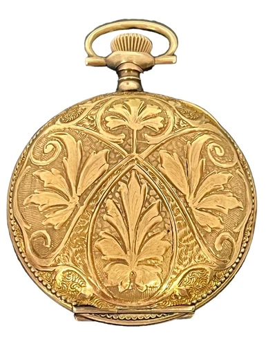 1907 Waltham antique gold tone pocket watch BROKEN engraved details