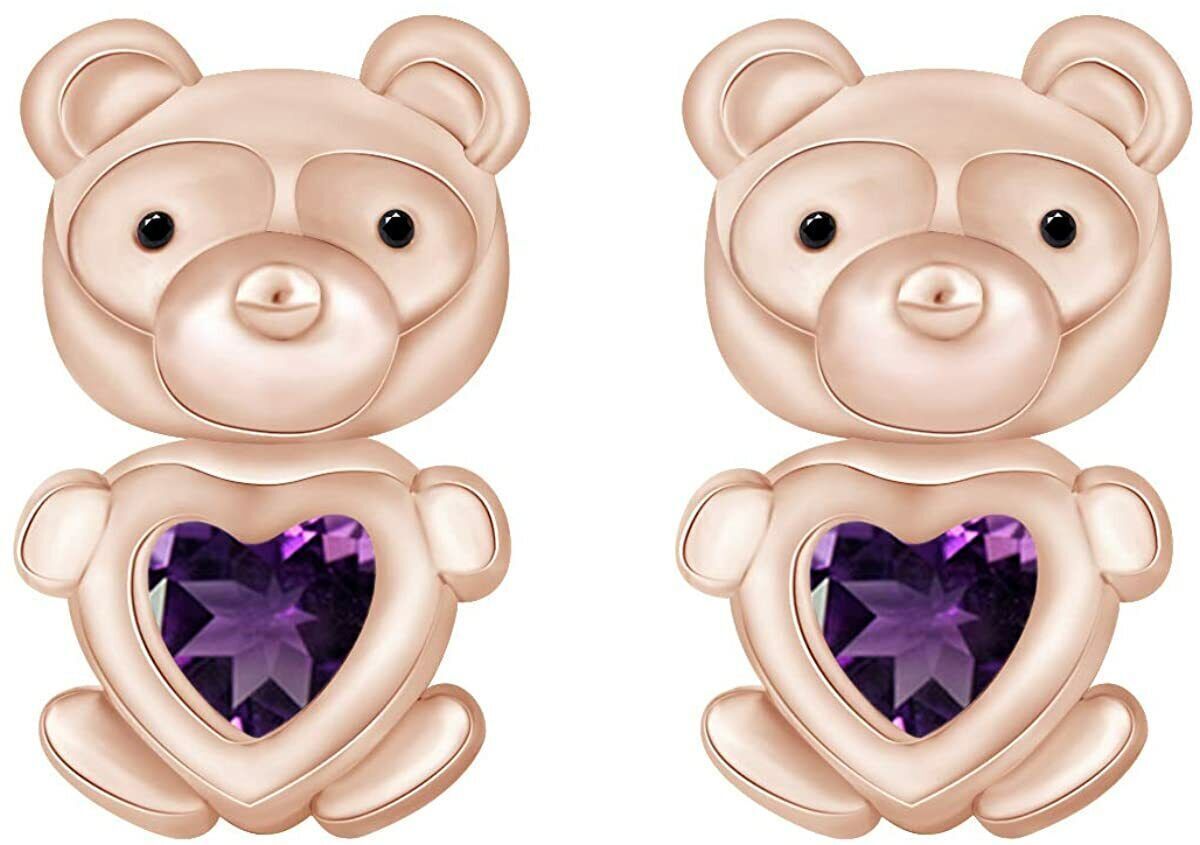 Shape Simulated  Amethyst Bear Stud Earrings in 14K Gold Plated Silver