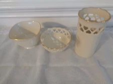 Lot of 3 Lenox 24k Gold Trim Eyelet Top 6” Tall Vase & 2 Bowls 2" & 3" Tall USA