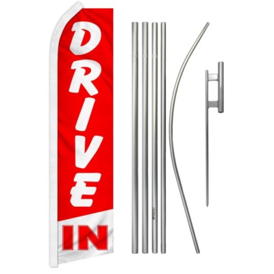 Drive In (Red & White) Super Swooper Flag & Flag Pole Kit & Ground Spike
