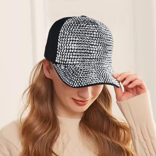 Studded Rhinestone Baseball Cap for Women Sparkle One Size, Silver Black - Picture 2 of 7