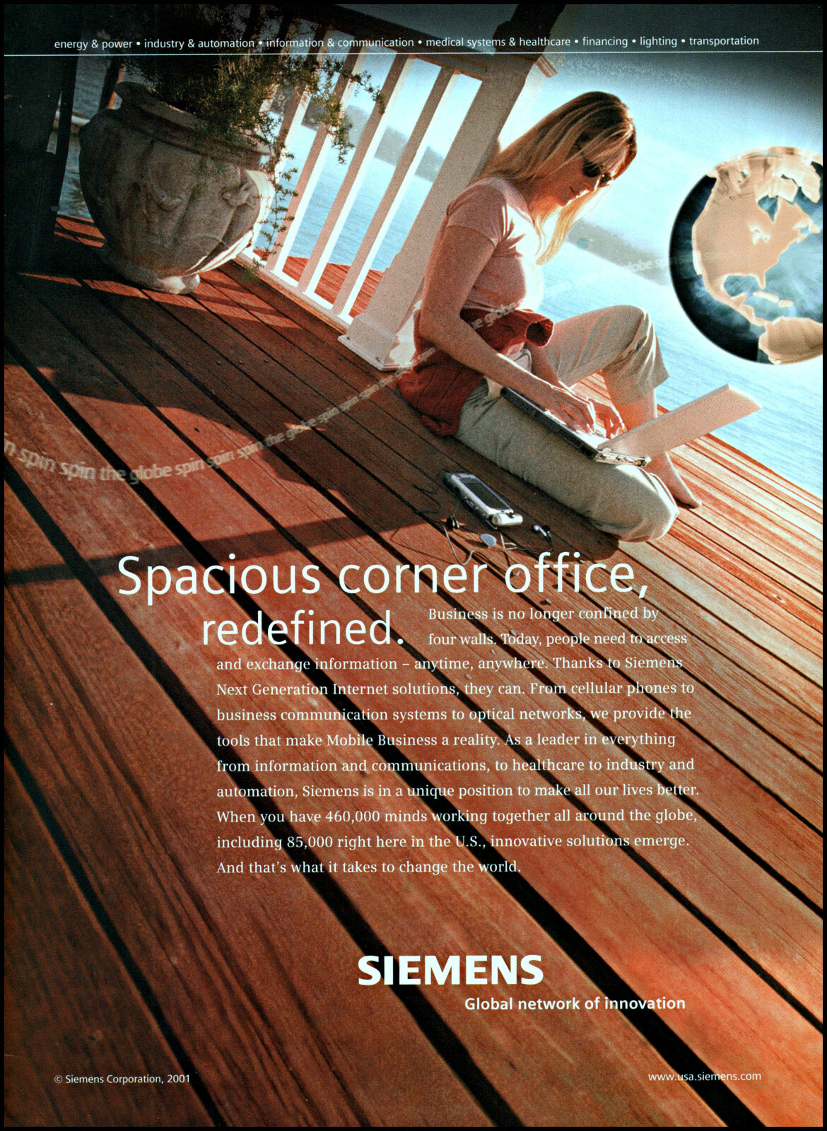 2002 Siemens Corp Woman waterfront home office Globe retro photo print