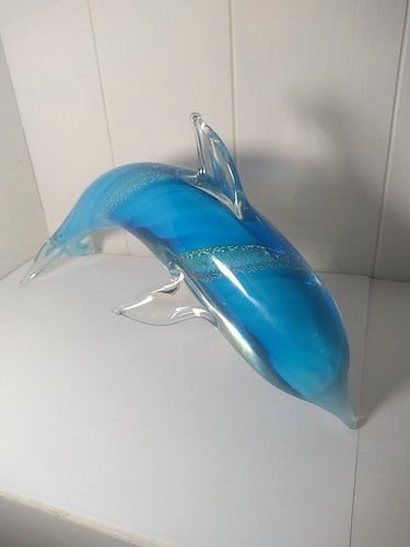 Large Art Glass Blue Swirl Dolphin Sculpture Figurine 11" Long - Picture 10 of 11