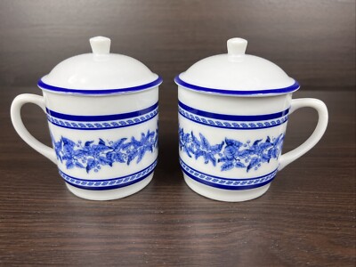 Nice Pair Williams Sonoma Blue Floral Covered Coffee Tea Mugs
