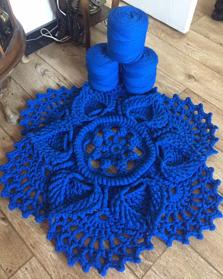 80cm Designer hand made crochet Chunky carpet rug mat Royal Blue Tshirt Yarn eBay