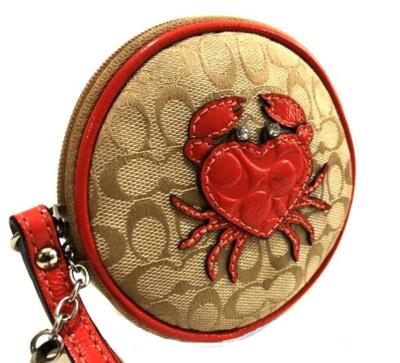 NICE Coach Sig C Coral Leather Crab Round Coin Purse Bag Mini