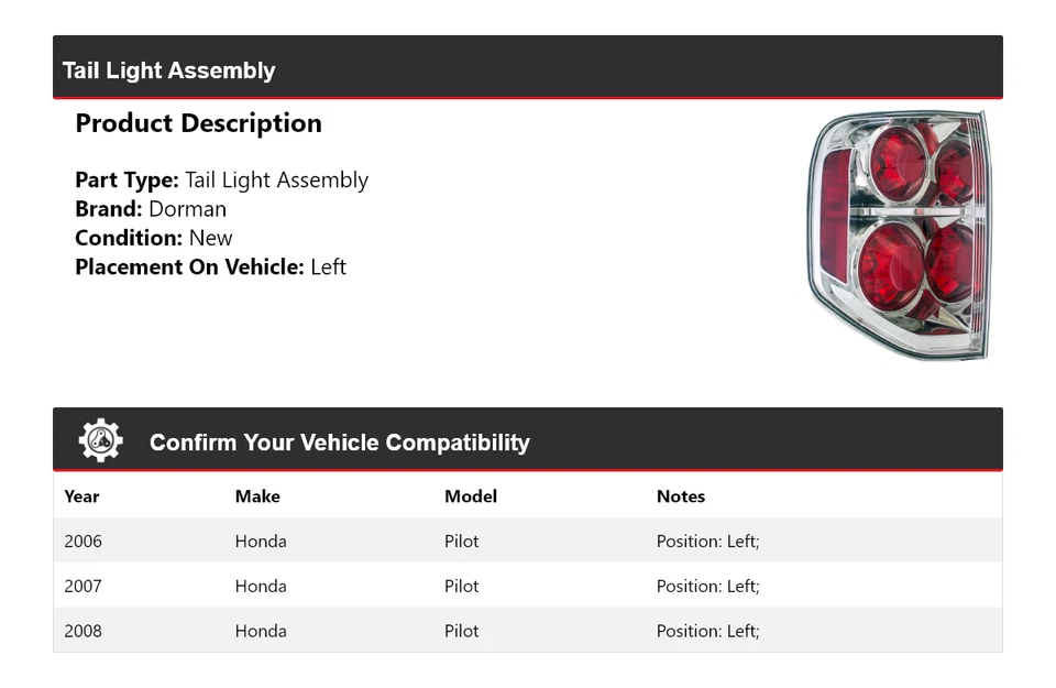 Conjunto de luz trasera izquierda para Honda Pilot Dorman 2006-2008 2007 Foto 2 de 4
