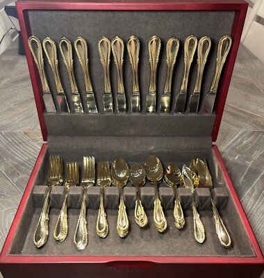 Read Notes* Farberware 63/64pc Gold Plated flatware Service for 12 ''Breeze Gold''