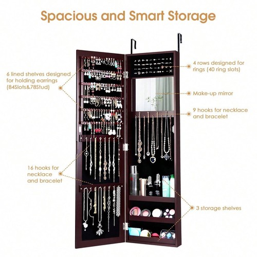 LOOK-Lifezeal Wall Door Mounted Mirrored Jewelry Cabinet Storage Organizer - Picture 5 of 6