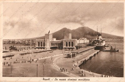 1951 NAPLES the new maritime station tracks pier Angioino Cartoon postcard