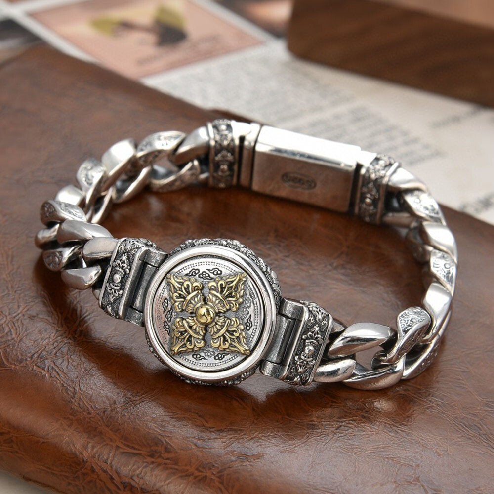 Real 925 Sterling Silver Chain Men Vajra 11mm Curb Link Bracelet