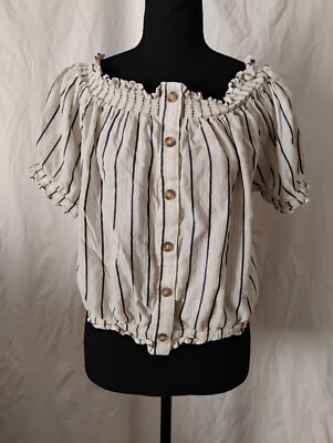 H&M White Blue Stripe Off The Shoulder Crop Top Blouse Short