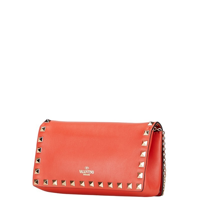 Valentino Studded Chain Leather Shoulder Bag Orange Women Used Authentic thumbnail 2
