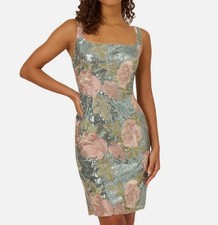 Adrianna Papell Women's Blue Green Sequin Embroidery Short Sheath Dress Size 12