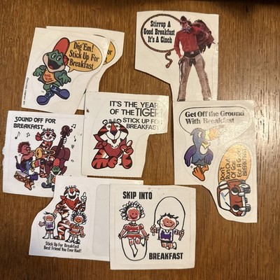 Breakfast cereal prizes stickers Tony The Tiger Dig 'em, Toucan Sam, 7 different
