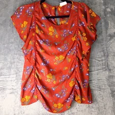 Sienna Sky Blouse Womens Medium Red Floral Short Sleeve Keyhole Back Top