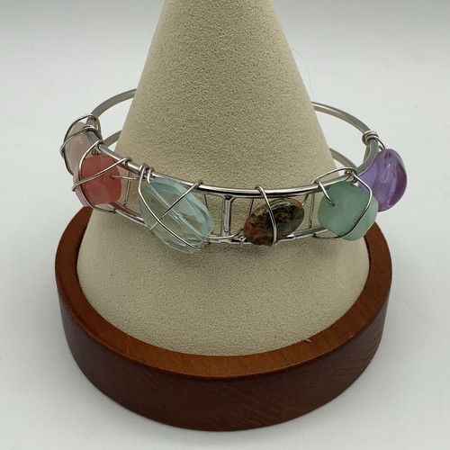 Bracciale Pietra Mista Filo Tono Argento Colori Terra Eclettico Boho - Foto 1 di 10