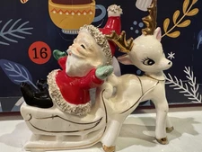 Vintage Ucagco Christmas Ceramic Santa Riding A Reindeer Figure