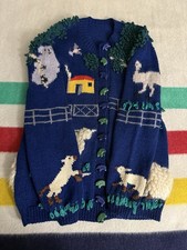 Vintage 70s 80s Hand Knit Cowichan Cardigan Bode Style Animals Farm 3D Texture